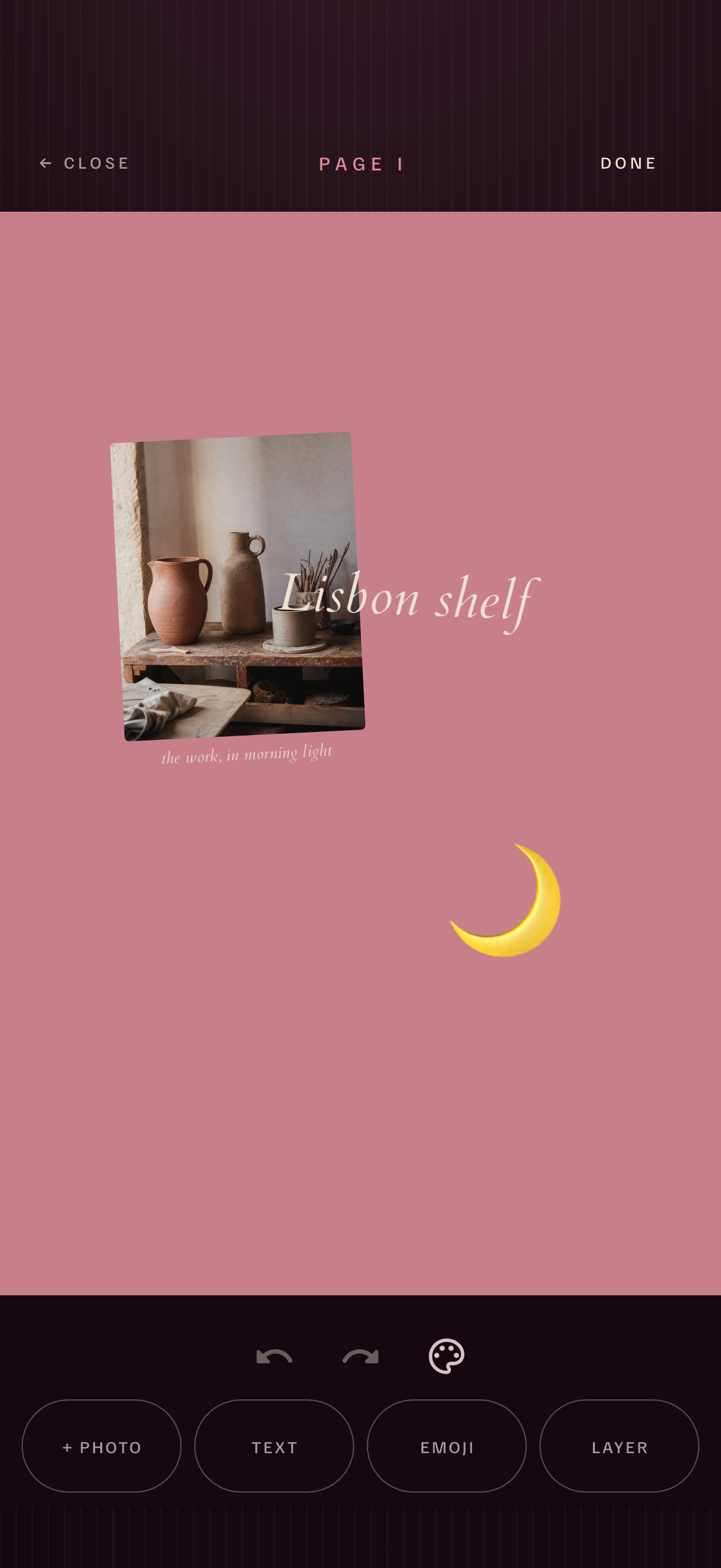 Era private vision board editor with a photo, text, emoji, and layer controls