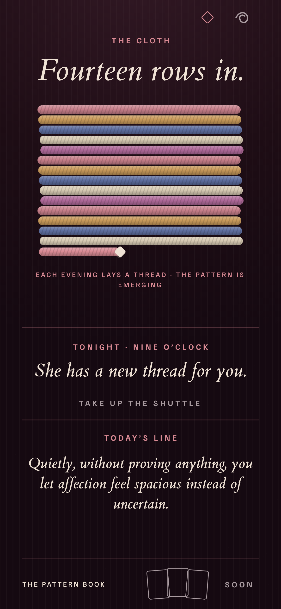 Era home screen showing fourteen woven rows and today's line